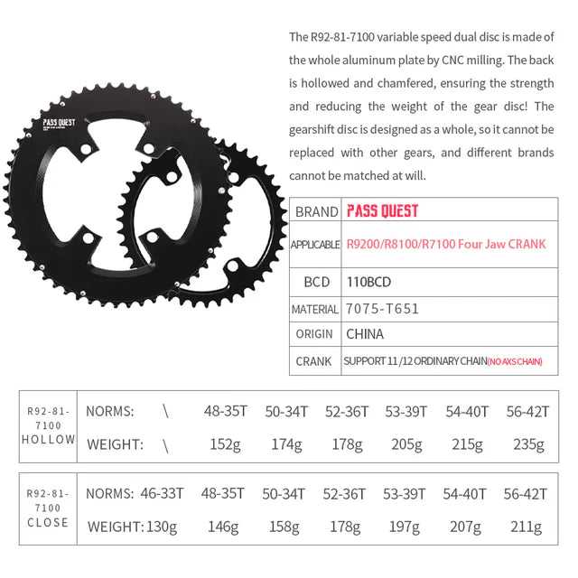 Pass Quest Hollow chainrings to suit R9200, R8100, R7100 12 speed